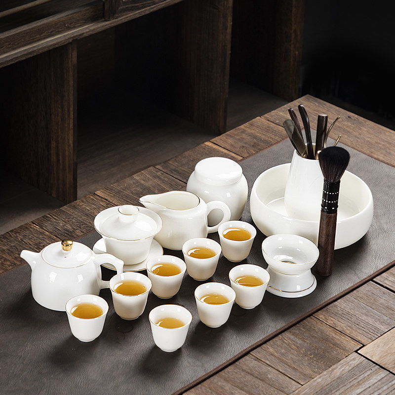 羊脂玉白瓷功夫茶具茶杯套装德化陶瓷家用会客厅办公室泡茶器盖碗