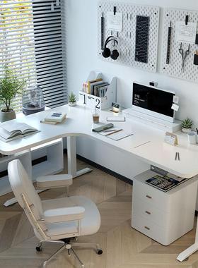 白色转角升降书桌简约现代黑胡桃实木电脑桌子定制智能电动办公桌