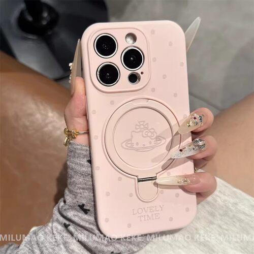iPhone17ProMax可爱波点Kitty猫磁吸支架手机壳16液态硅胶粉色系
