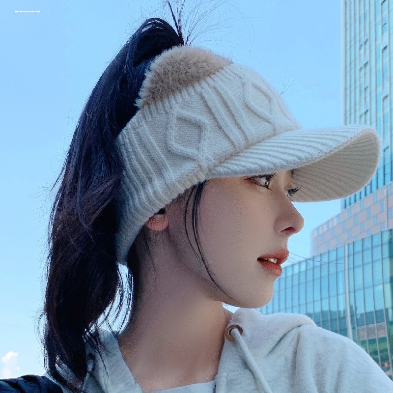 跑步运动帽子女冬美女护耳帽子韩版潮无顶棒球帽漏马尾针织鸭舌帽