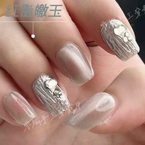 红脂皦玉-零榆手工穿戴甲杏仁中梯新款猫眼粉色甲油胶紫色穿戴甲