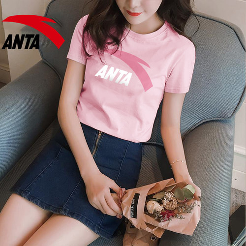 安踏短袖T恤女粉色官网透气上衣