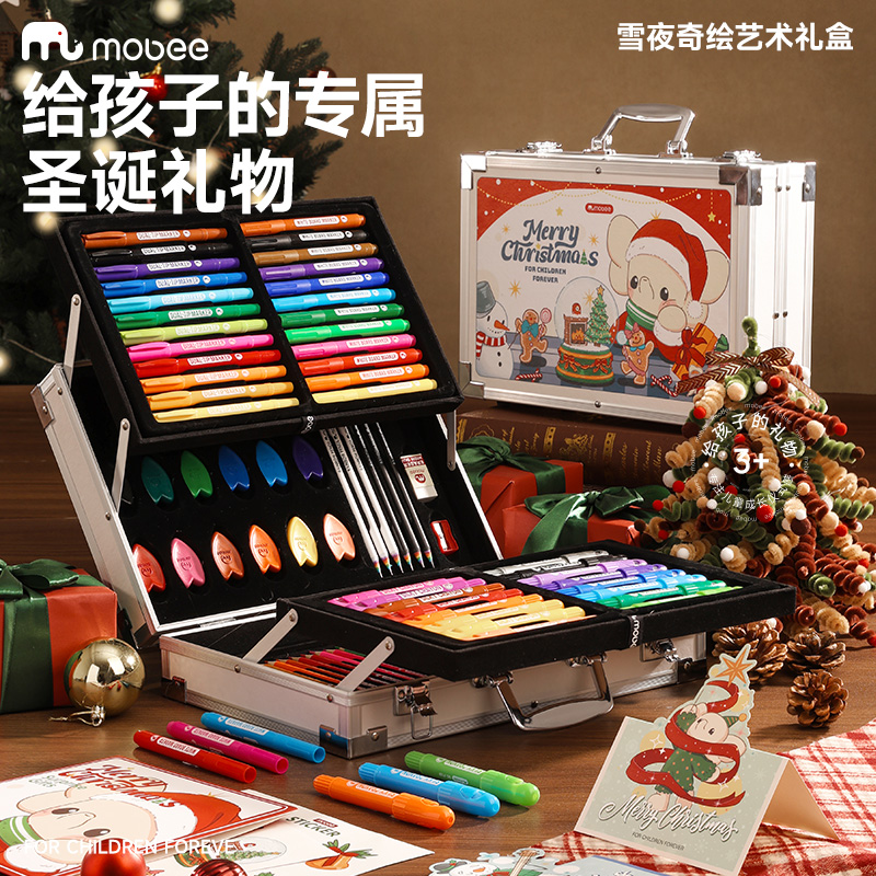 mobee儿童圣诞款绘画艺术礼盒小学生水彩笔可水洗蜡笔彩铅画画工具美术专用套装男孩女孩幼儿园新年生日礼物