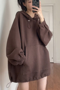 2025新款华夫格连帽卫衣女宽松加绒加厚小个子oversized外套上衣