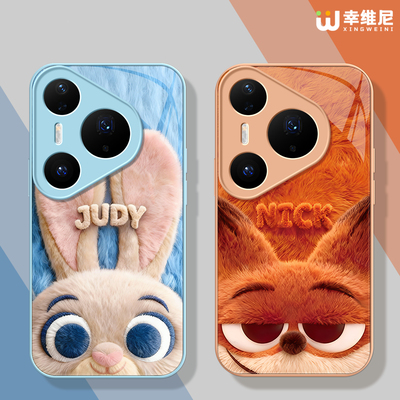 适用华为Pura80手机壳p70pro疯狂动物城p40新款p70ultra玻璃art情侣60prop70毛绒尼克朱迪60art全包p50p60pro