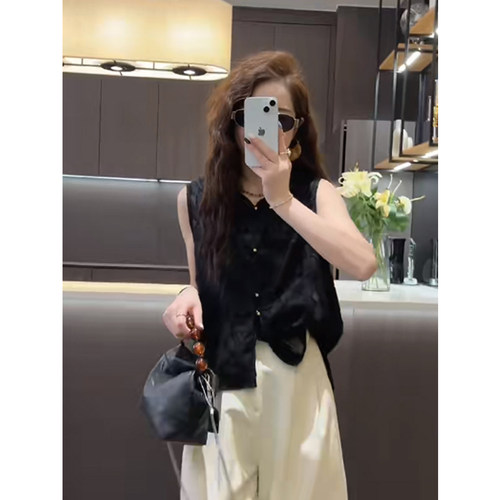 背心女外穿夏黑色新中式国风盘扣马甲感蕾丝钩花气质无袖上0407r