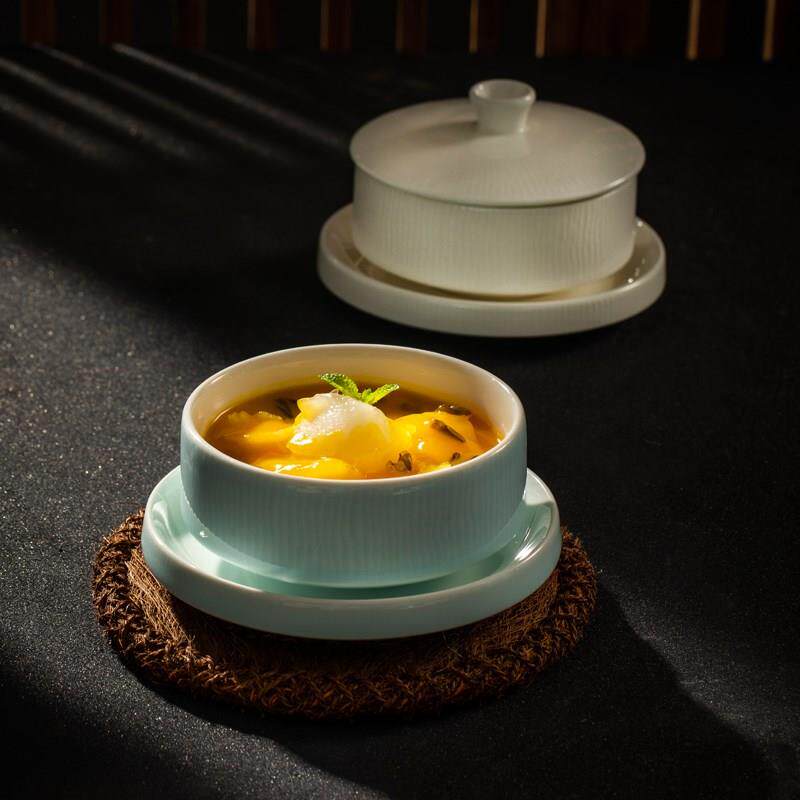酒店陶瓷色釉冰川蓝隔水炖盅新中式带盖甜品燕窝位上小碗餐厅汤盅
