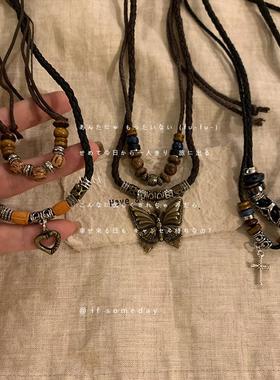 手作 新中式复古民族风项链古着vintage皮绳锁骨链美拉德风脖颈链