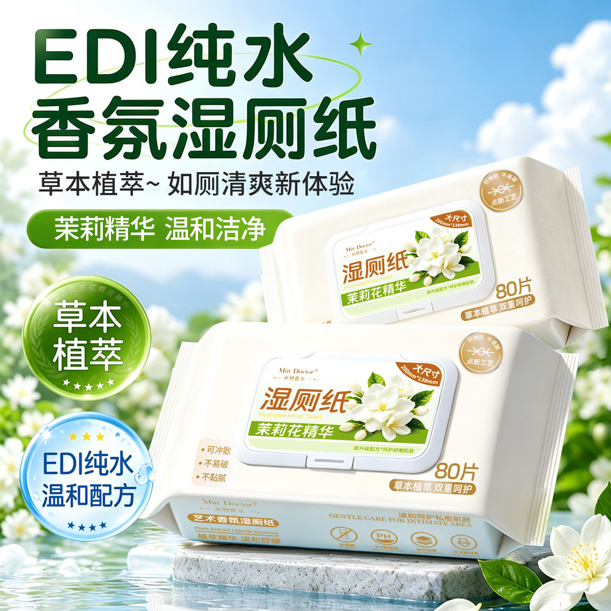 米特医生茉莉花精华湿厕纸香氛湿巾纯水湿厕纸80片装