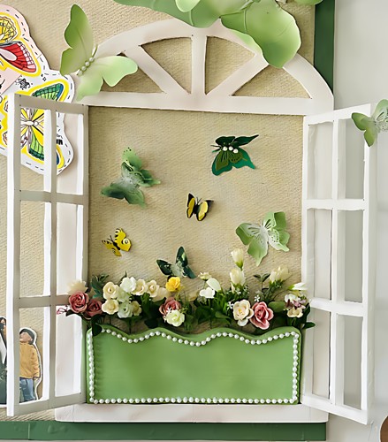 森系环创绿色场地布置春天主题造景文化墙装饰珍珠窗户蝴蝶