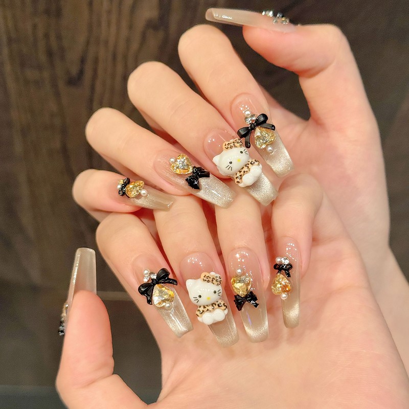 2025年新款爆闪微笑豹纹猫咪手工穿戴甲渐变立体黑色蝴蝶结美甲贴,彩妆/香水/美妆工具,穿戴甲/甲片,淘宝优惠券,粉丝福利购,淘宝优惠卷