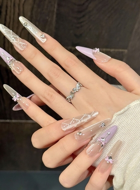 2025年新款手工穿戴甲紫色蝴蝶结钻石长款美甲甲片可拆卸显白指甲