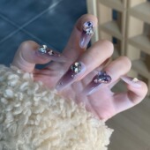 新款 穿戴甲显白纯欲高级感纯手工美甲紫雾灰闪钻爱心渐变辣妹美甲