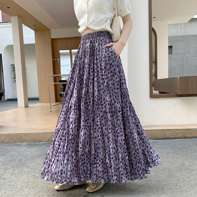 葡萄紫波点仙女裙春夏度假温柔a字显瘦高腰垂感褶皱半身裙