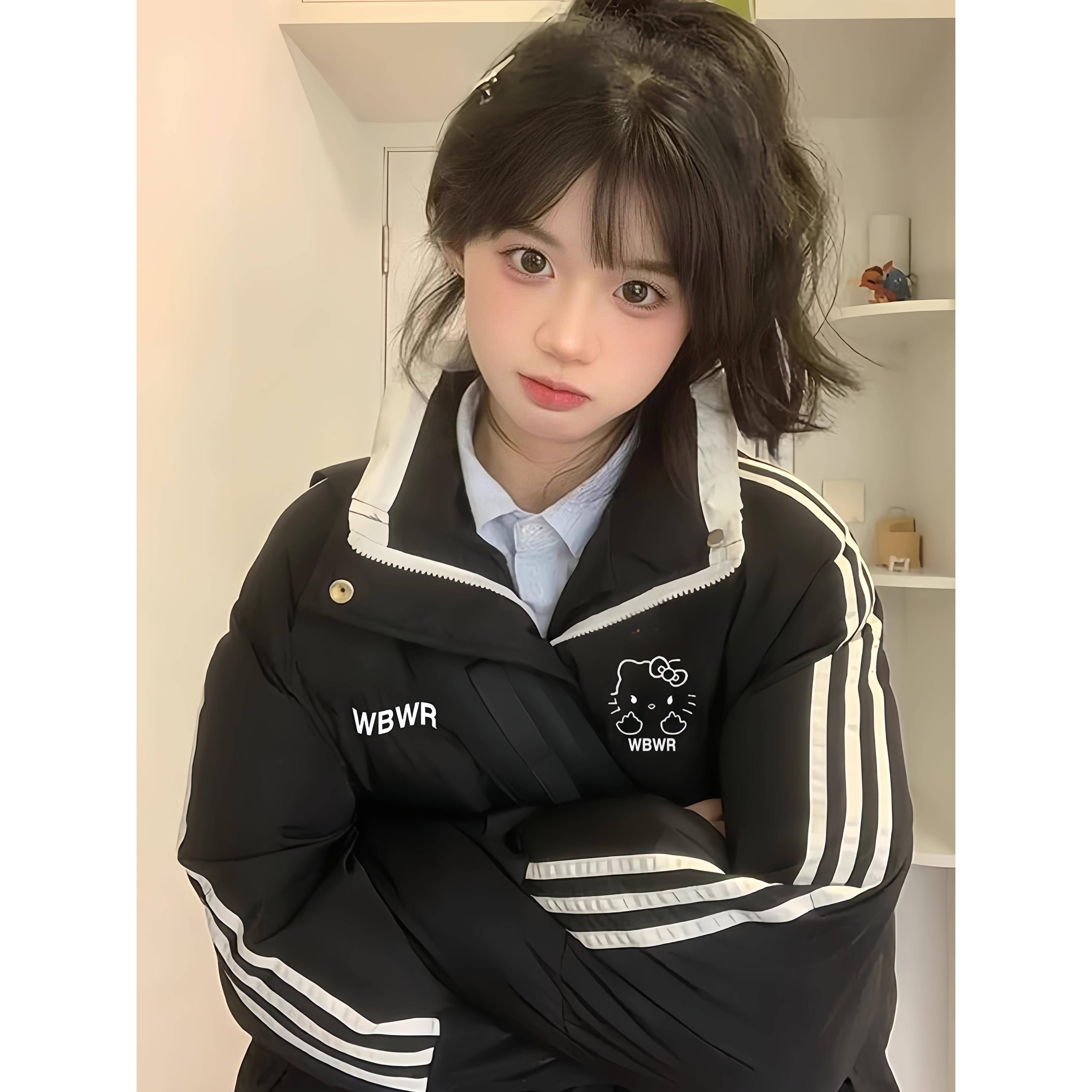 美式黑色三条杠羽绒棉服女大童冬季初中高中学生加厚保暖棉袄外套