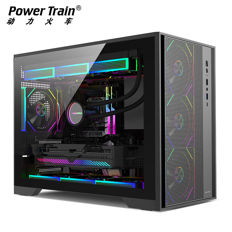 动力火车风影玻璃侧透海景房MATX台式机TypeC游戏360水冷电脑机箱