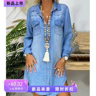 夏季新款POLO领单排扣蓝色宽松休闲长袖牛仔衬衫连衣裙短款DRESS