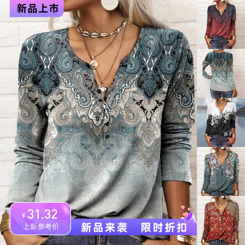 秋冬季歐美风格街头跨境亚马逊wish 新款女装长袖印花民族时尚T恤