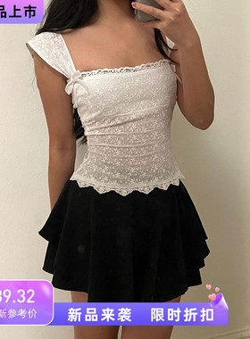 2024  Lace Crop Top T Shirt Women Chic Harajuku Pullovers