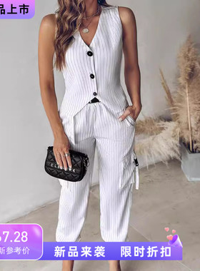 Women Vests Two Piece Suits Summer条纹无袖马甲休闲九分裤套装