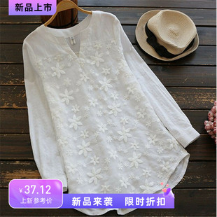Casual Loose Long Sleeve White Blouse Women Spring Fall V-ne