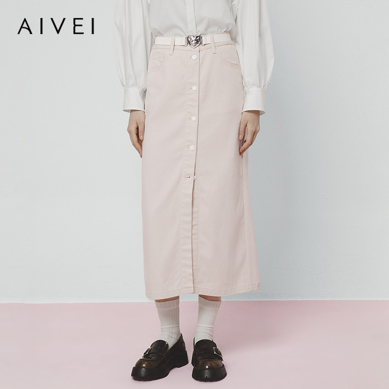 AIVEI欣贺艾薇2025春季美式学院工装风前开叉牛仔长裙S712704A