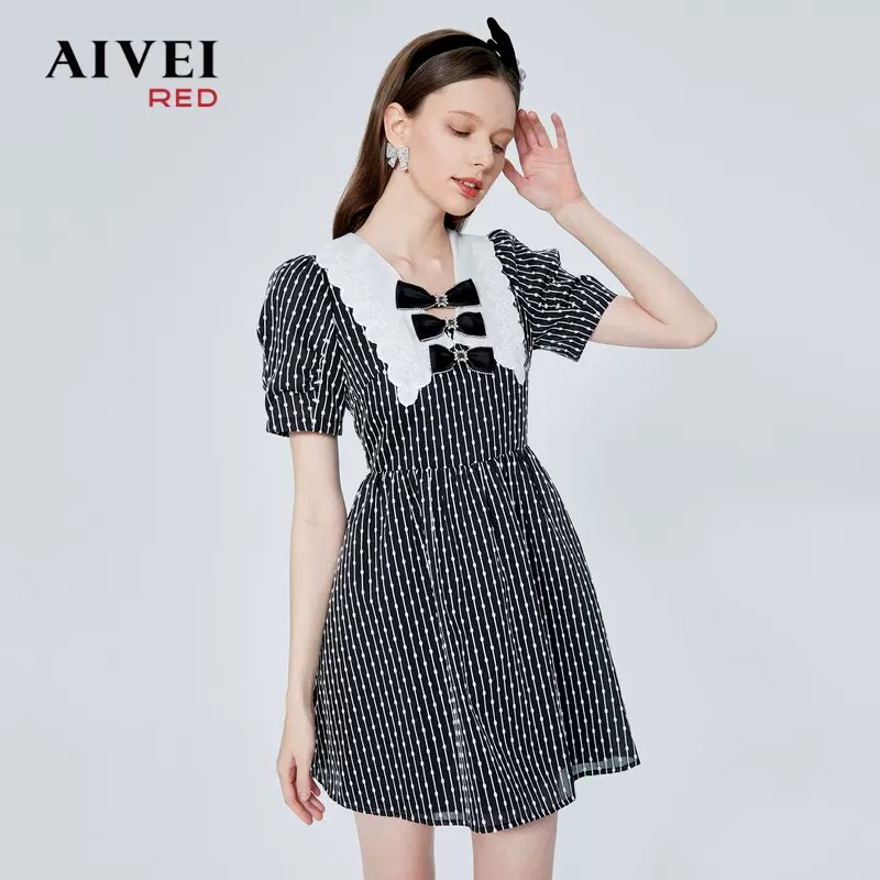 南法假日/AIVEI欣贺艾薇2023春高腰显瘦条纹提花连衣裙P0160072