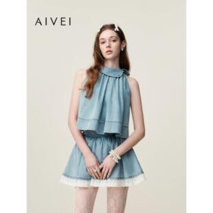 AIVEI欣贺艾薇2026夏季新纯欲牛仔挂脖上衣法式无袖背心XSV3S29B