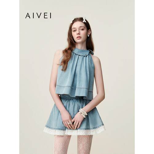 AIVEI欣贺艾薇2026夏季新纯欲牛仔挂脖上衣法式无袖背心XSV3S29B