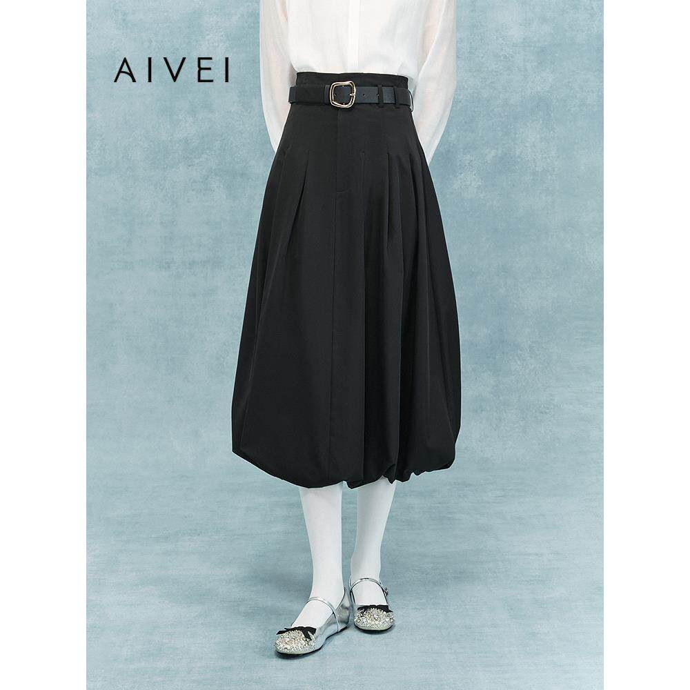 AIVEI欣贺艾薇2025冬季新赫本风立体抓褶中长通勤花苞裙XRV7Q10A