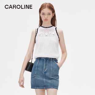 Caroline 商场同款 2024夏季新款无袖撞色镂空针织上衣衫Q622602D