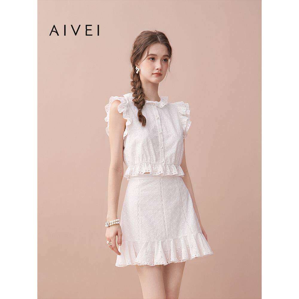 AIVEI欣贺艾薇2025夏季新甜妹小个子荷叶边绣花收腰上衣XRV3S07A