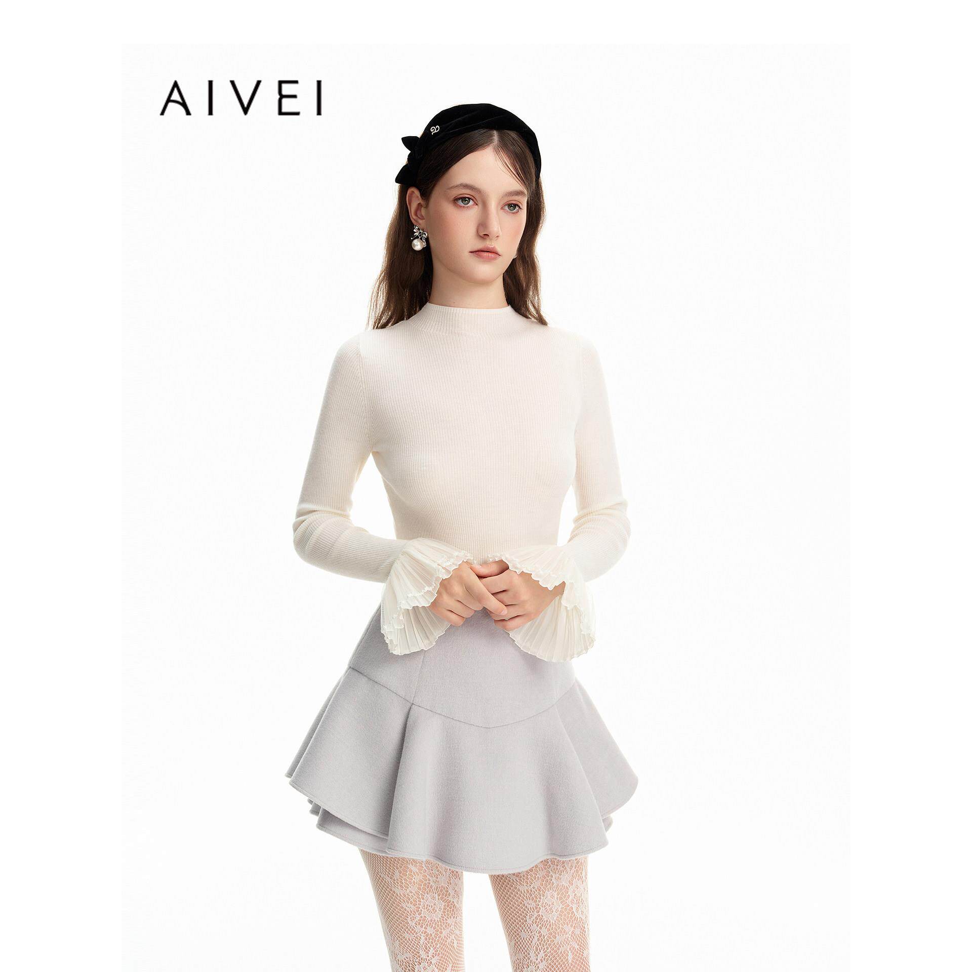 AIVEI欣贺艾薇26冬季新网纱喇叭袖半高领修身打底针织衫XSV7M11B
