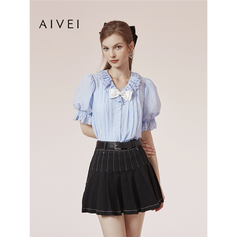 AIVEI欣贺艾薇夏季新少女甜美千金莱赛尔航海系条纹衬衫R0360092