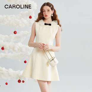 Caroline卡洛琳2024春季新款无袖A字小香风荷叶边连衣裙ECREAG33