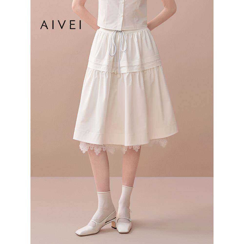AIVEI欣贺艾薇2025早秋新仙气甜美蕾丝拼接A版小白裙伞裙XRV5Q03A