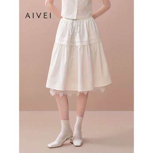 AIVEI欣贺艾薇2025早秋新仙气甜美蕾丝拼接A版小白裙伞裙XRV5Q03A