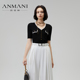 ANMANI恩曼琳24夏季 EANEBI04 显瘦针织衫 新款 撞色钩针花边V领修身