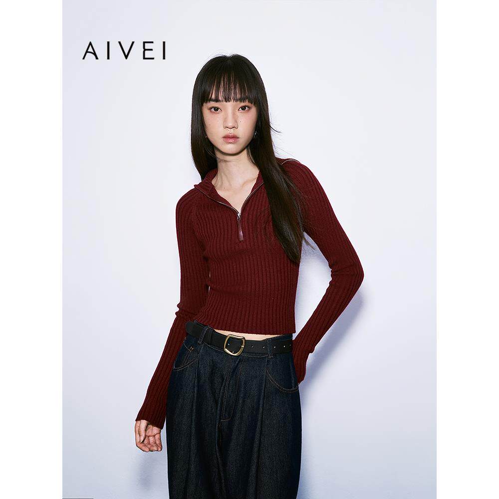 AIVEI欣贺艾薇2025冬季新半拉链毛衣简约通勤条坑针织衫XRV7M08A