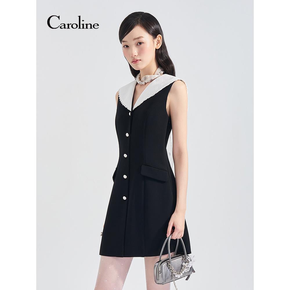 Caroline卡洛琳2026夏季新款撞色大翻领收腰无袖连衣裙ESC2L08A