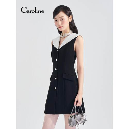 Caroline卡洛琳2026夏季新款撞色大翻领收腰无袖连衣裙ESC2L08A