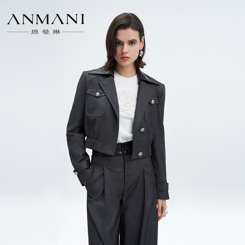 ANNMEL恩曼琳25春季新款通勤可拆卸皮领截短款西装外套EANFAA49