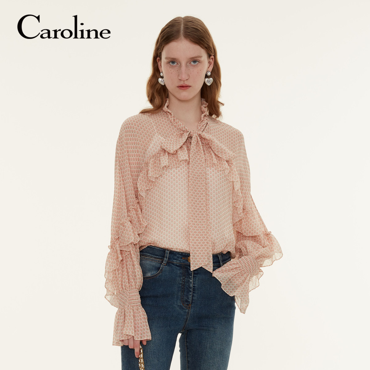 Caroline 商场同款夏新款花边袖圆点印花系带衬衫女P629601C