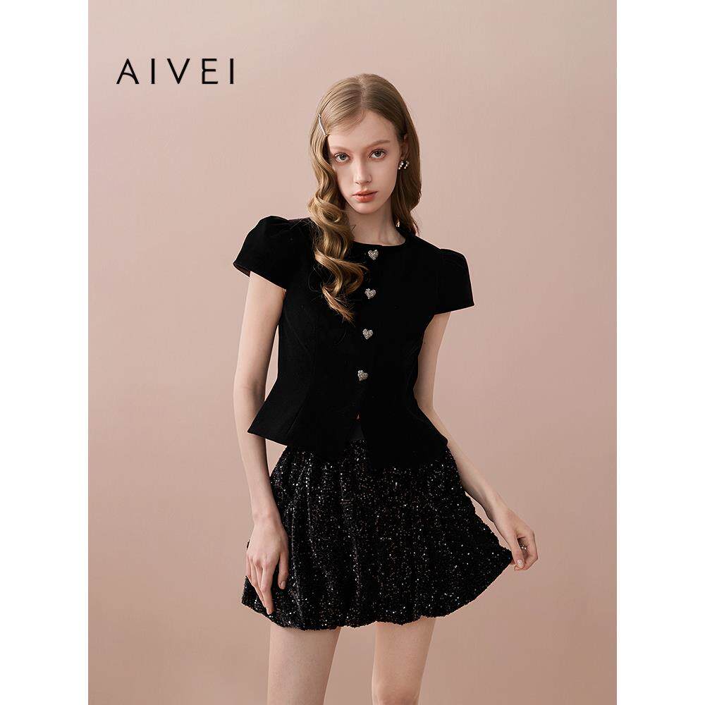 AIVEI欣贺艾薇2025秋季新复古优雅赫本收腰丝绒上衣外套XRV5S38B