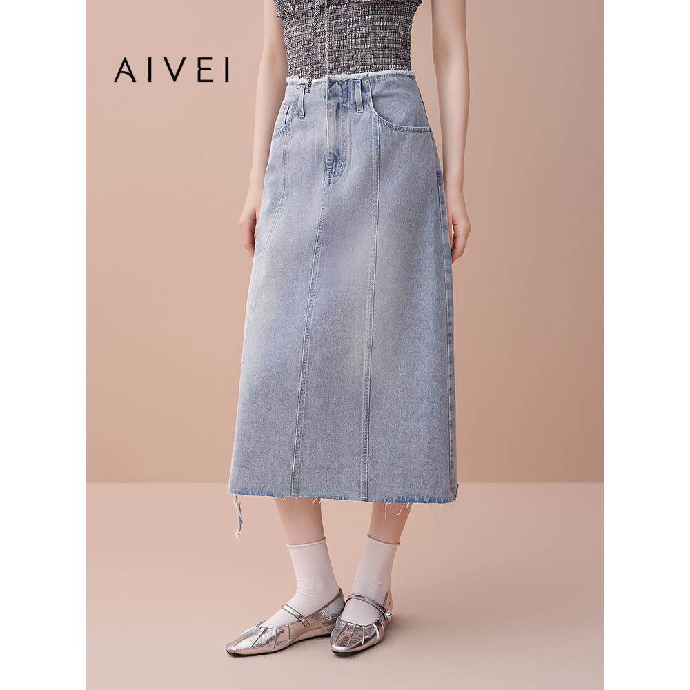 AIVEI欣贺艾薇2025早秋时尚做旧牛仔长裙磨破开叉半身裙XRV4Q13A