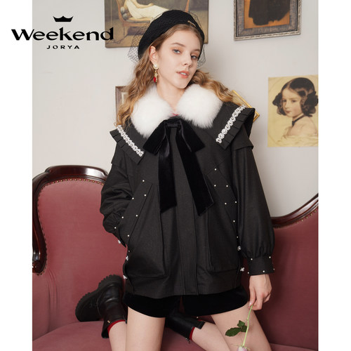 卓雅周末新款明星同款蝴蝶结狐狸毛领派克服千金外套女EJWCDQ52