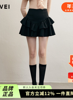 AIVEI欣贺艾薇2024冬季Y2K芭蕾风A字显瘦荷叶边蓬蓬短裙R760503A