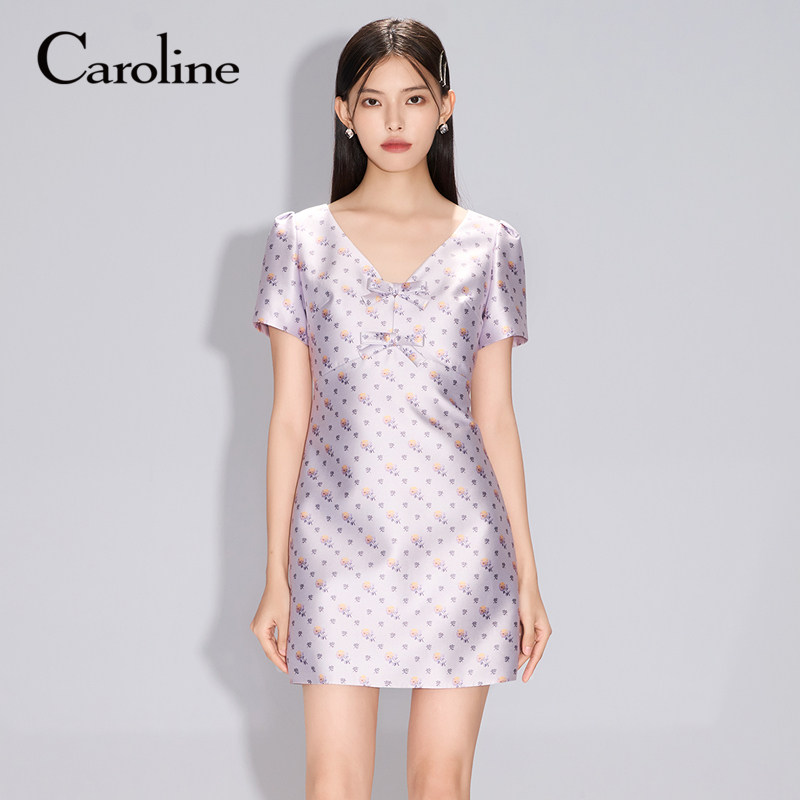 Caroline卡洛琳25春季新款法式V领蝴蝶结碎花连衣裙ECRFAK02