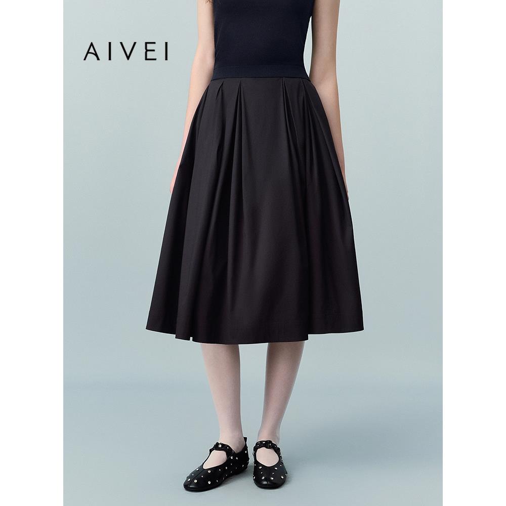 AIVEI欣贺艾薇2026夏季新气质蓬蓬小黑裙长款伞裙半身裙XSV3Q06S