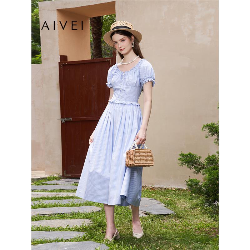 AIVEI欣贺艾薇夏季新盐甜短款上衣高腰伞裙条纹衬衫套装R0360181